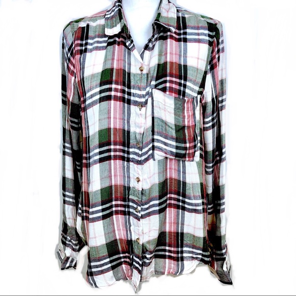 Polly & Esther Tops - Polly & Esther Coral/Olive Long Sleeve Plaid TopXL